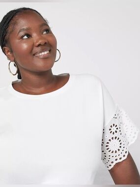 Lane Bryant White Eyelet Sleeve Tee with Scalloped Detail